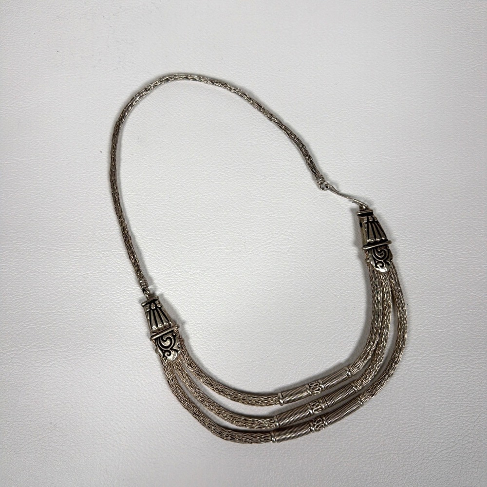 Vintage Artisan Silver Tone Woven Multi Strand Necklace 16-18" Ornate 36g Tribel - Picture 4 of 10